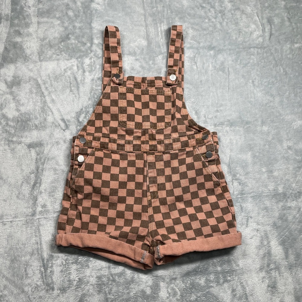 SHEIN Juniors Checkered Denim Overall Shorts Cuffed Pink Brown Size Large